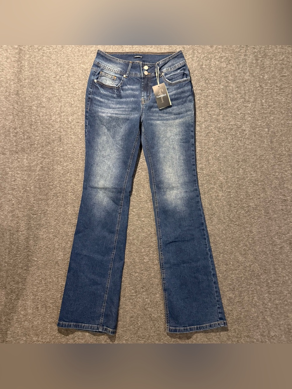 Flamingo Jeans Womens M (fit 27x32) blue Mid Rise Bootcut Stretch Flap Pockets